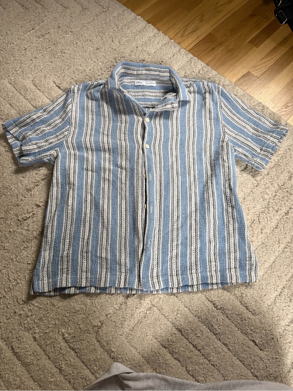 Zara Blue & White Striped Short-Sleeve Button-Down Shirt
